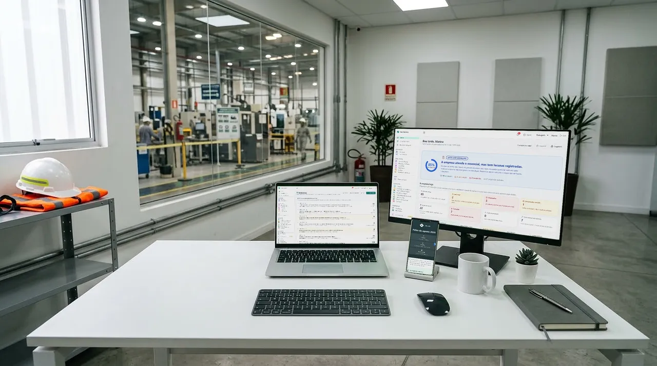 Depois: a mesma mesa com a Tribe nas telas do monitor, do notebook e do celular